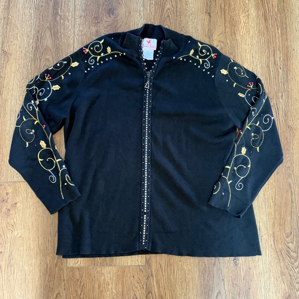Quacker Factory Knit Full Zip Sweater XL Holiday Beaded Rhinestone Sequin Ramie